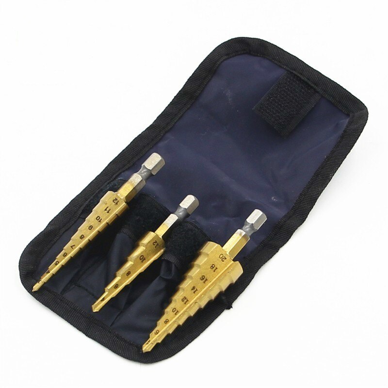 3pc Hss Step Cone Taper center stepped Drill bits Set Metal Hole saw Cutter Metric 4-12/20/32mm 1/4" Ti Coated Metal Hex tools