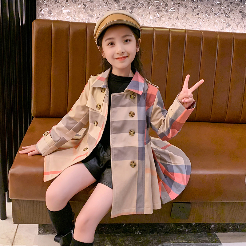 kids 5-17 year plaid long trench double button coats for little girls teens teenage korean autumn winter outwear clothes