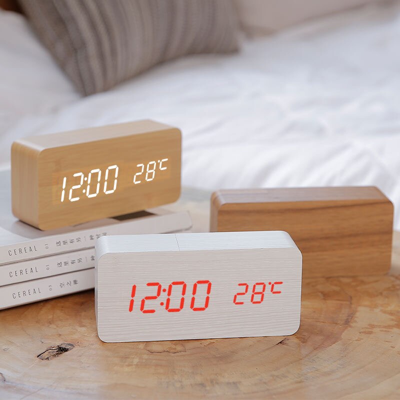 Led træ vækkeur ur bord stemmestyring vågne lys digitalt træ ur alarm usb/aaa powered ure bord boligindretning