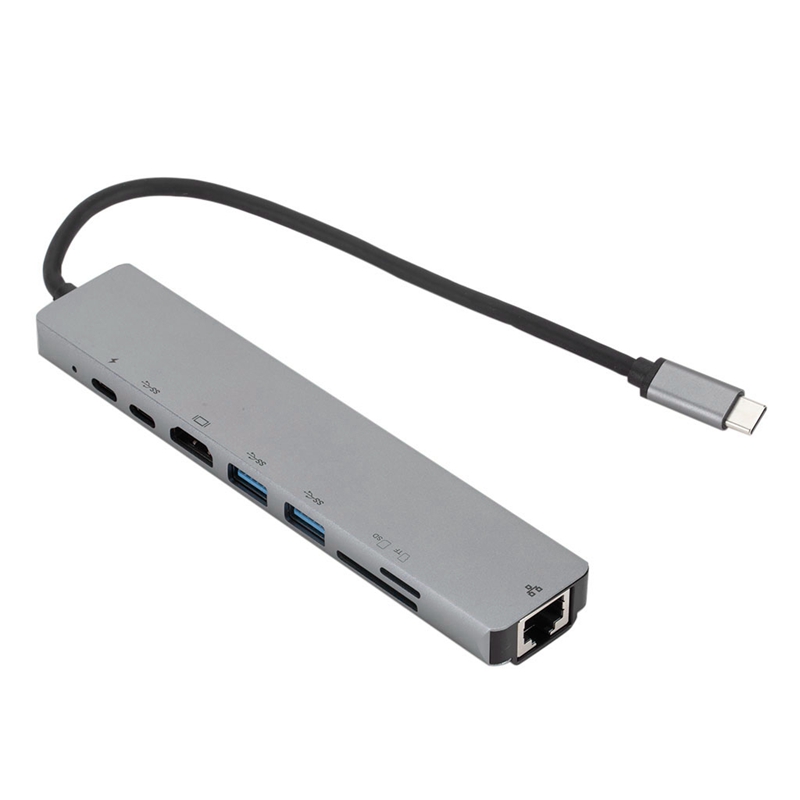 8 In1 USB C Hub USB-C To Type-C 2 USB 3.0 Hub 4K HDMI RJ45 Ethernet Adapter with TF/Mini SD Card Reader PD Charger for Mac Book