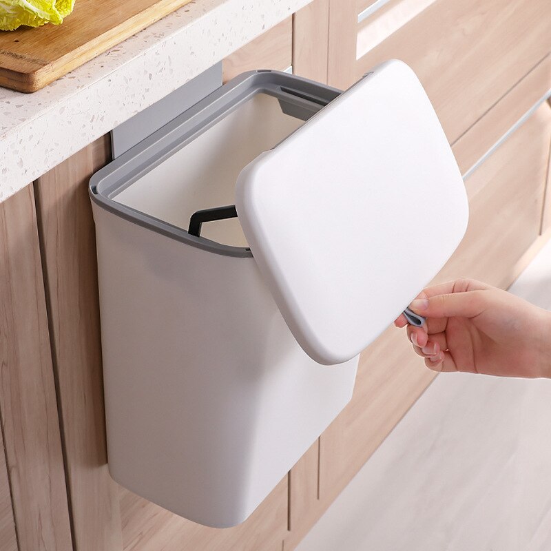 Hanging Trash Can for Kitchen Cabinet Door with Lid Wall Mounted Counter Waste Bin Plastic TI99