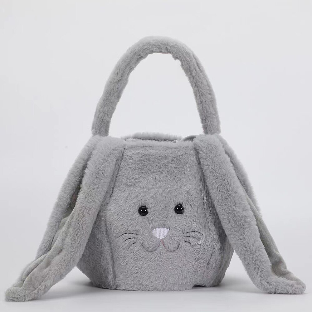 1PC Cute Easter Bunny Basket Long Ear Plush Handbag Egg Candy Baskets Party Decoration For Kids Round Bottom Tote Bag: Grey
