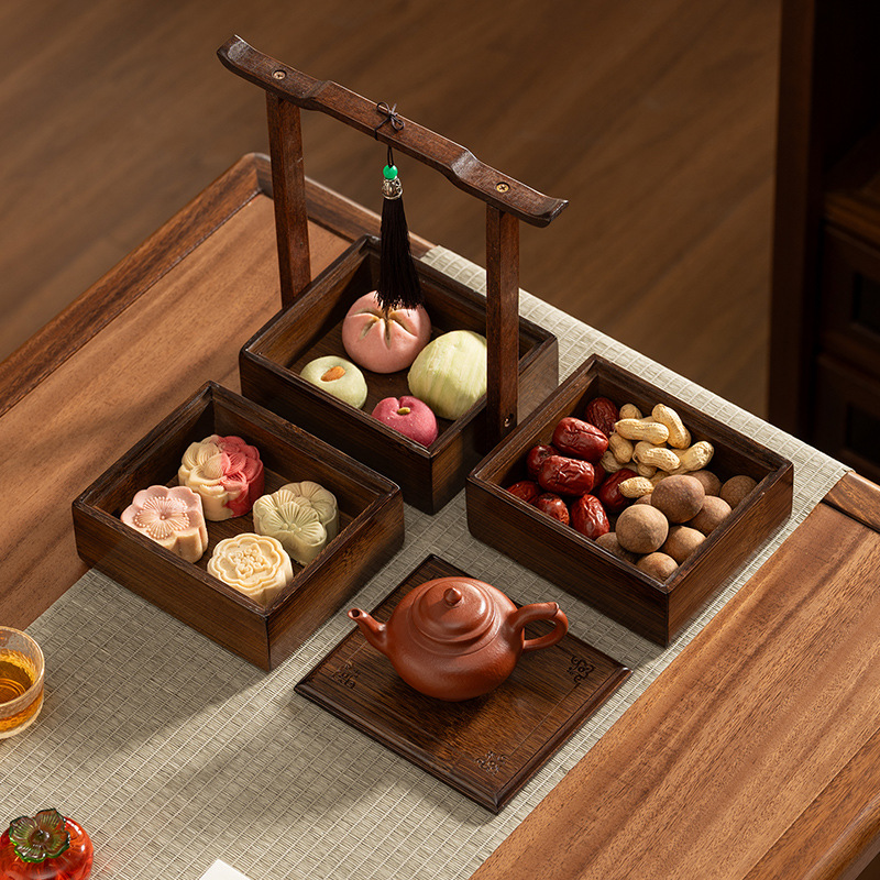 Chinese Style Walnut Color Tea Snack Storage Box Multi-layer Bamboo Made Four-sided Retro Home Use Dry Fruit Snack Box