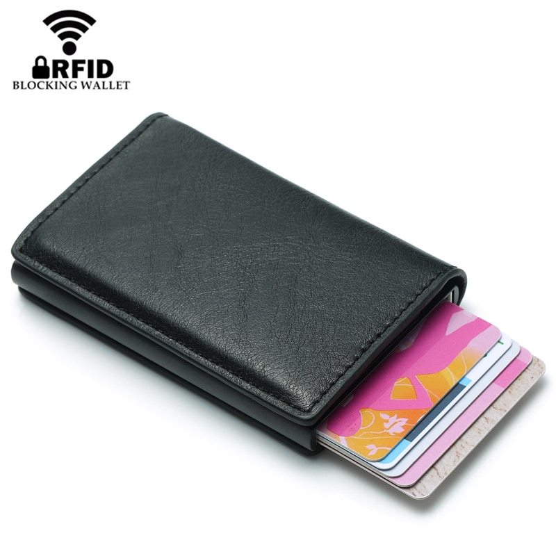 YAMBUTO, tarjetero Vintage para hombre, Tarjetero con bloqueo Rfid, billetera de cuero Unisex, seguridad antirrobo, monedero de Metal de aluminio, Mini carteras