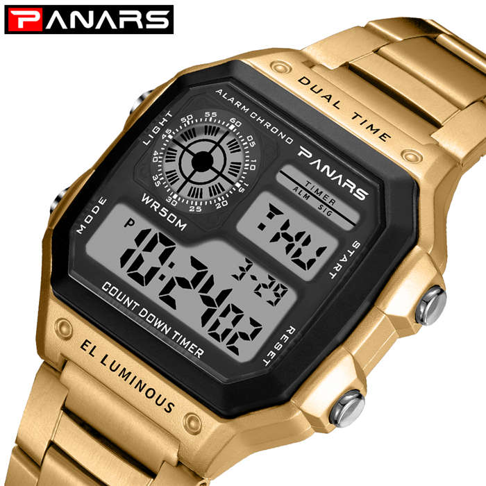 Panars Horloge Mannen Sport Digitale Horloges Chronograaf 5bar Waterdicht Horloge Roestvrij Business Horloges Led Display Mannelijke Klok: gold
