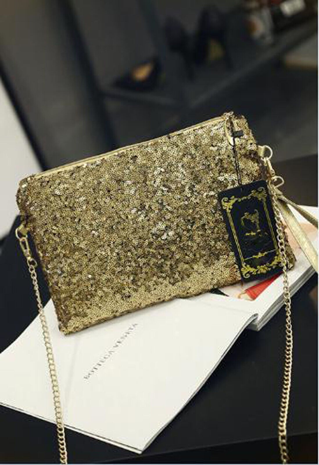 Dames clutch met pailletten, dinertas, glanzende portemonnee, draagbare schoudertas met ketting: Goud