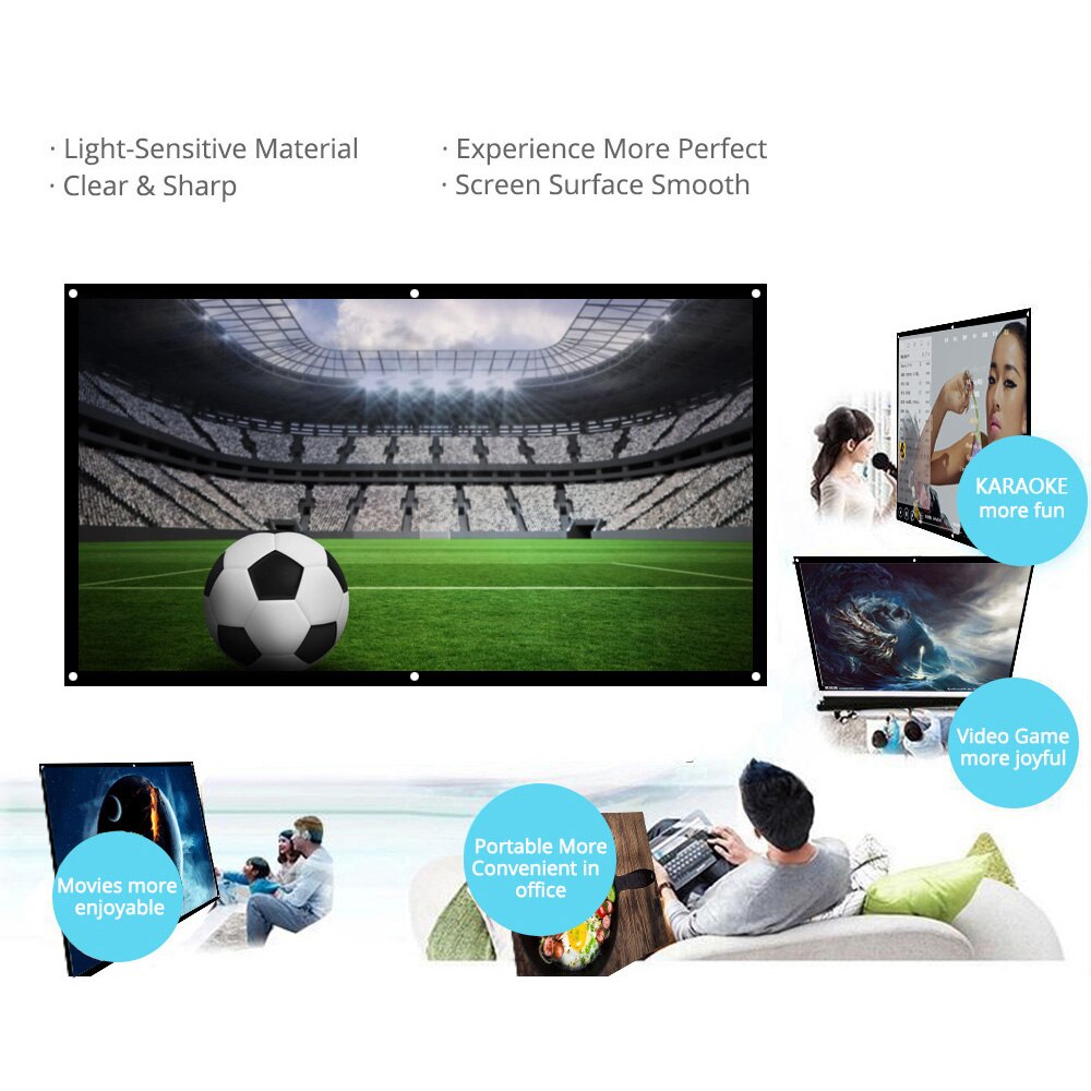 H70 70'' Portable Projector Screen HD 16:9 White Dacron 70 Inch Diagonal Screen Home Theater for Wall Indoors Outdoors