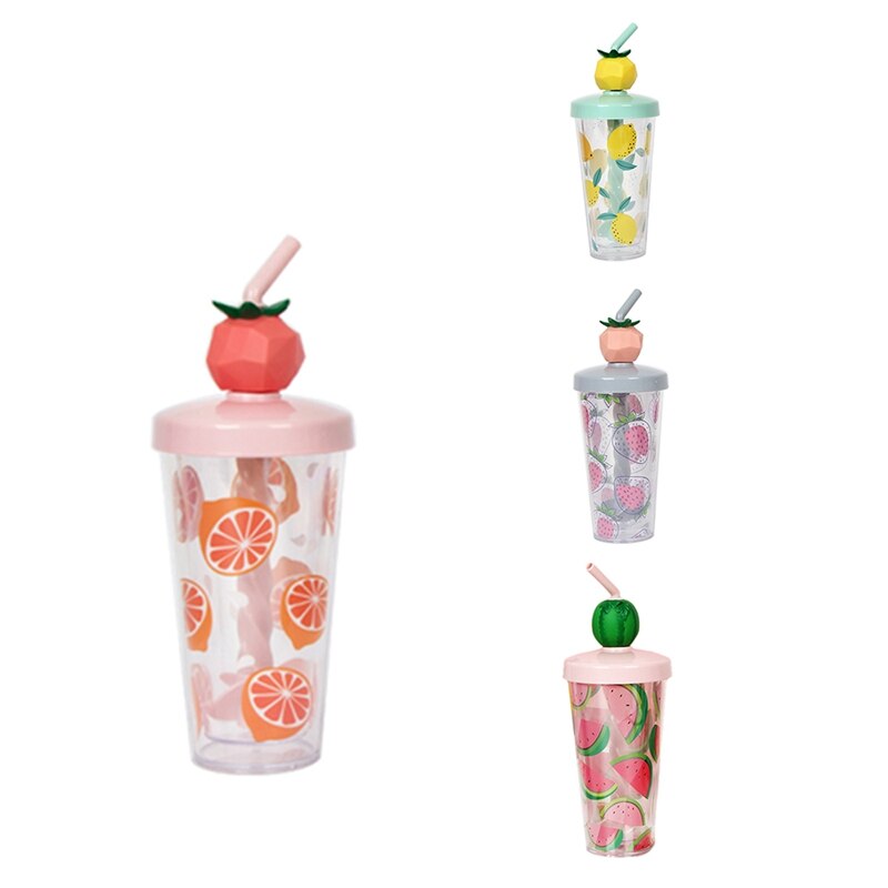 Colorful Fruit Mixing Cup Double Layer Transparent Straw Cup Summer Cold Drink Popular Handy Cup