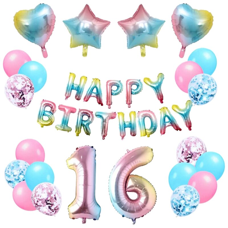 Rainbow 16Th Birthday Decor Happy Birthday Banner Star & Heart Aluminium Foil Balloon for Girls and Women Birthday Party: Default Title