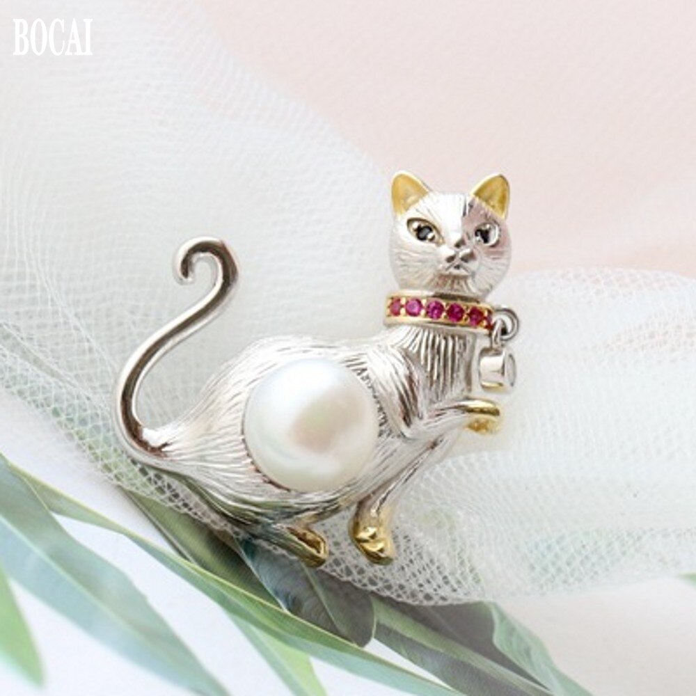 BOCAI-broche de plata auténtica S925 con perlas naturales de agua dulce, bonito gatito