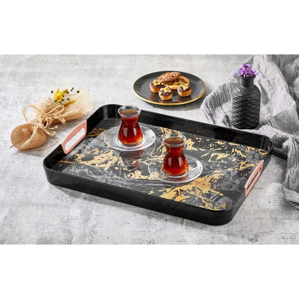 Food Presentation Tray Storage Kitchen Hotel Accessories Tools Rectangular Printed Tray Food Serving Plate Tea board Women: BLACK