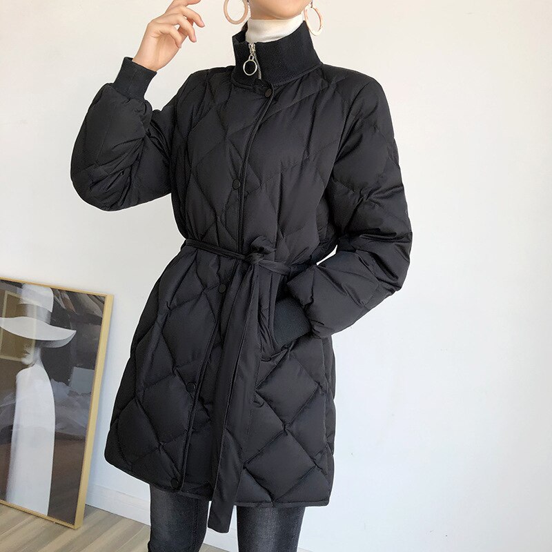 femmes longue doudoune hiver col montant Plaid blanc canard vers le bas manteau femme mince avec Blet Parkas Outwear