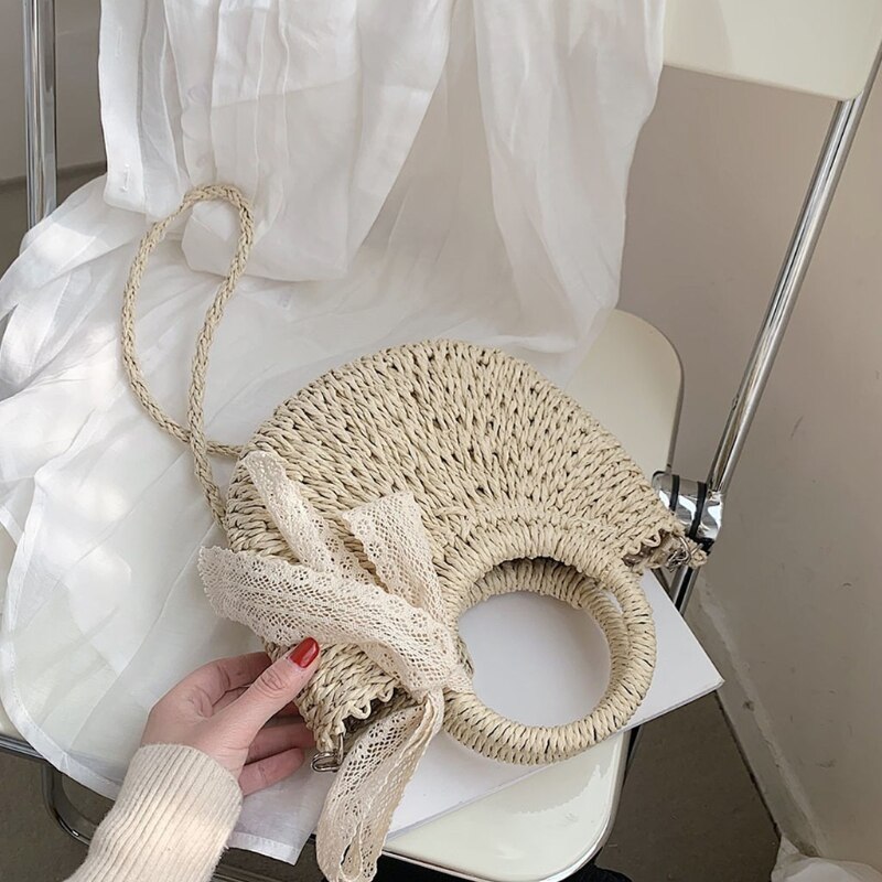Women Straw Beach Tote Woven Summer Shoulder Bag Female Travel Vacation Casual Crossbody Handbag Drawstring Shopping Purse
