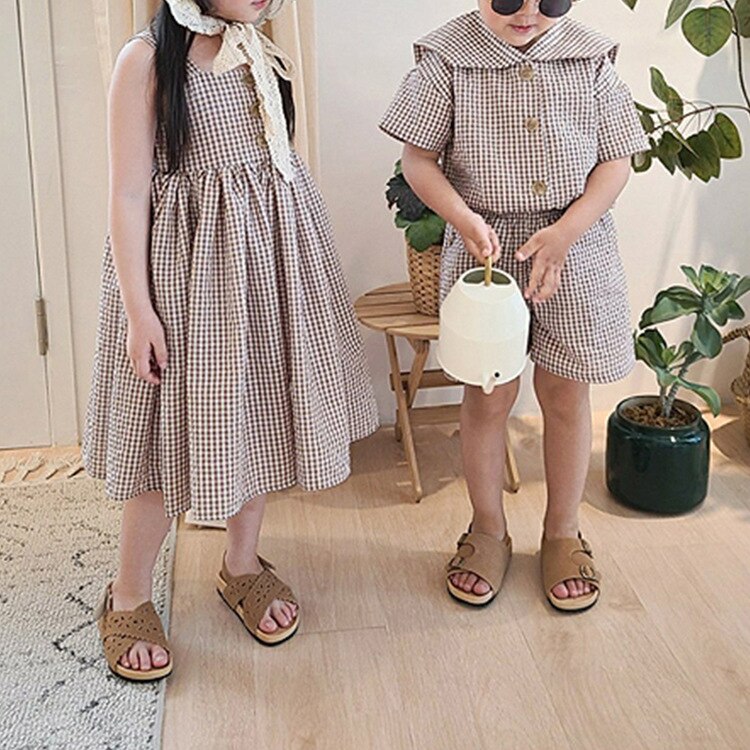 Brother Sister Clothes Set College Plaid Girls Suspenders Long Skirt Boys Two Piece Plaid Suit Summer Sailor Collar Boy's Suit