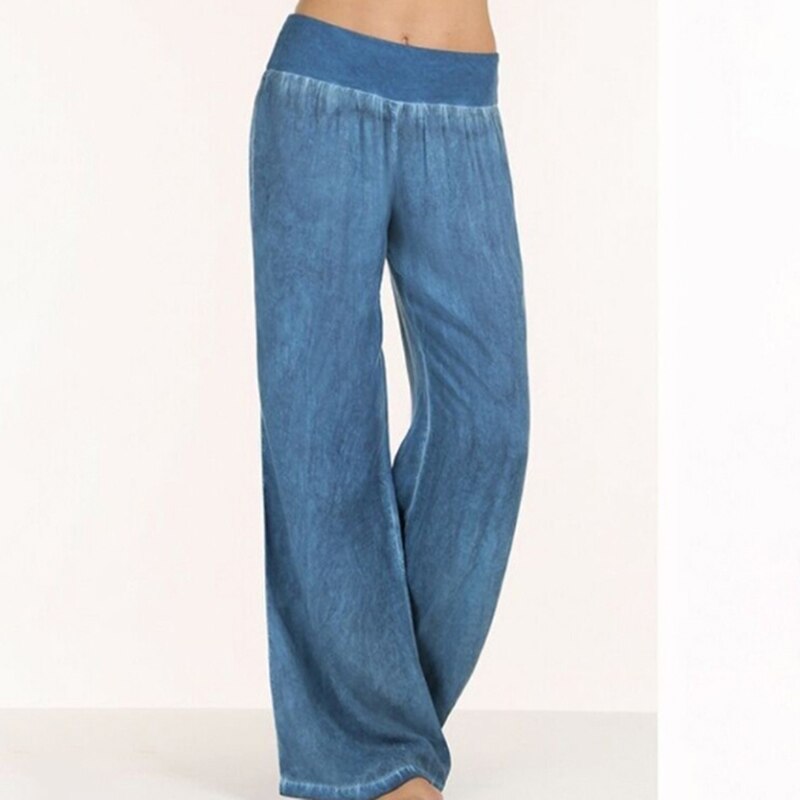 Women Summer Thin Trousers Wide Leg Loose Pants Ankle Length Pants Casual Trouser Elastic Waist Plus Size Pants: blue / M