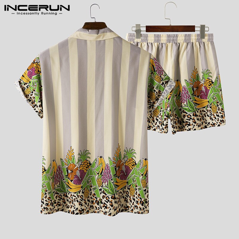 INCERUN, conjuntos Hawaianos para hombres, Impresión de playa, verano , camisa de solapa de manga corta, pantalones cortos, 2 piezas, ropa de calle, conjuntos para hombre