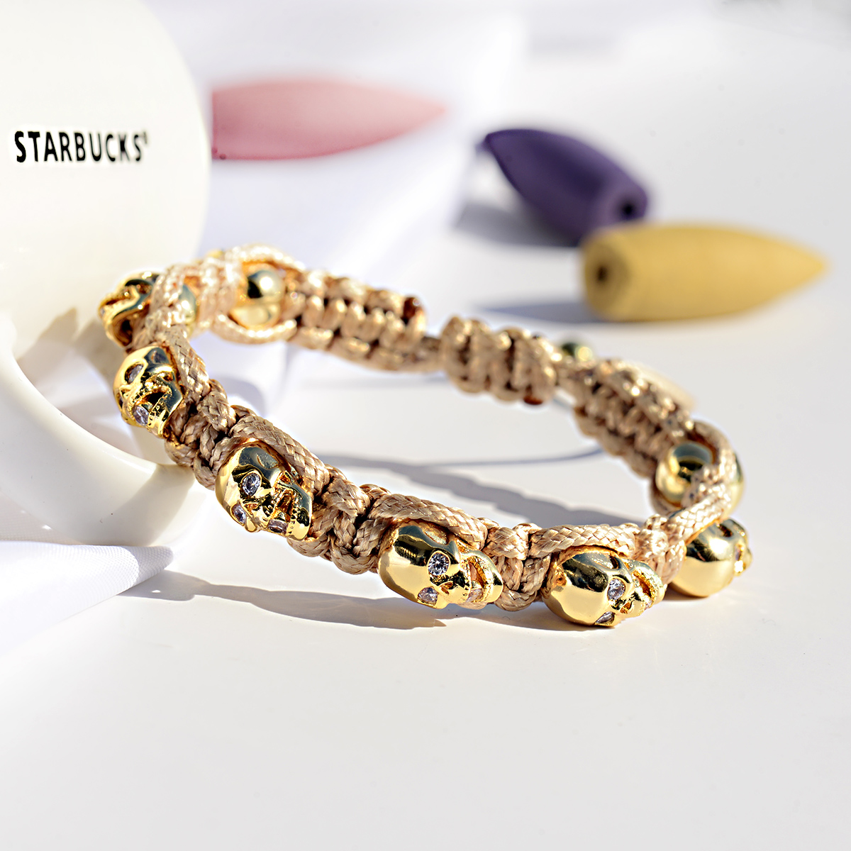 Pulsera trenzada a mano con calavera de circón para hombres y mujeres, cuentas de cobre, brazalete de cadena hecho a mano ajustable de Metal clásico: Estampado en caliente