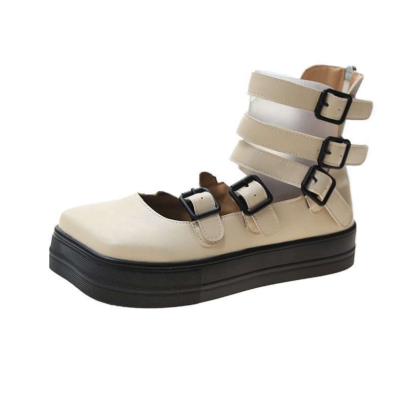 Dam pump gothic skor fotled hög chunky klack plattform punk creepers skor kvinnligt spänne bekvämt: Elfenben / 37