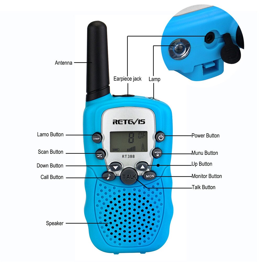 Mini rádio de duas vias para crianças, rádio duas peças de walkie talkie retevis rt388 pmr446 pmr frs/gmrs, transmissor prático para crianças headset woki toki + 2 peças