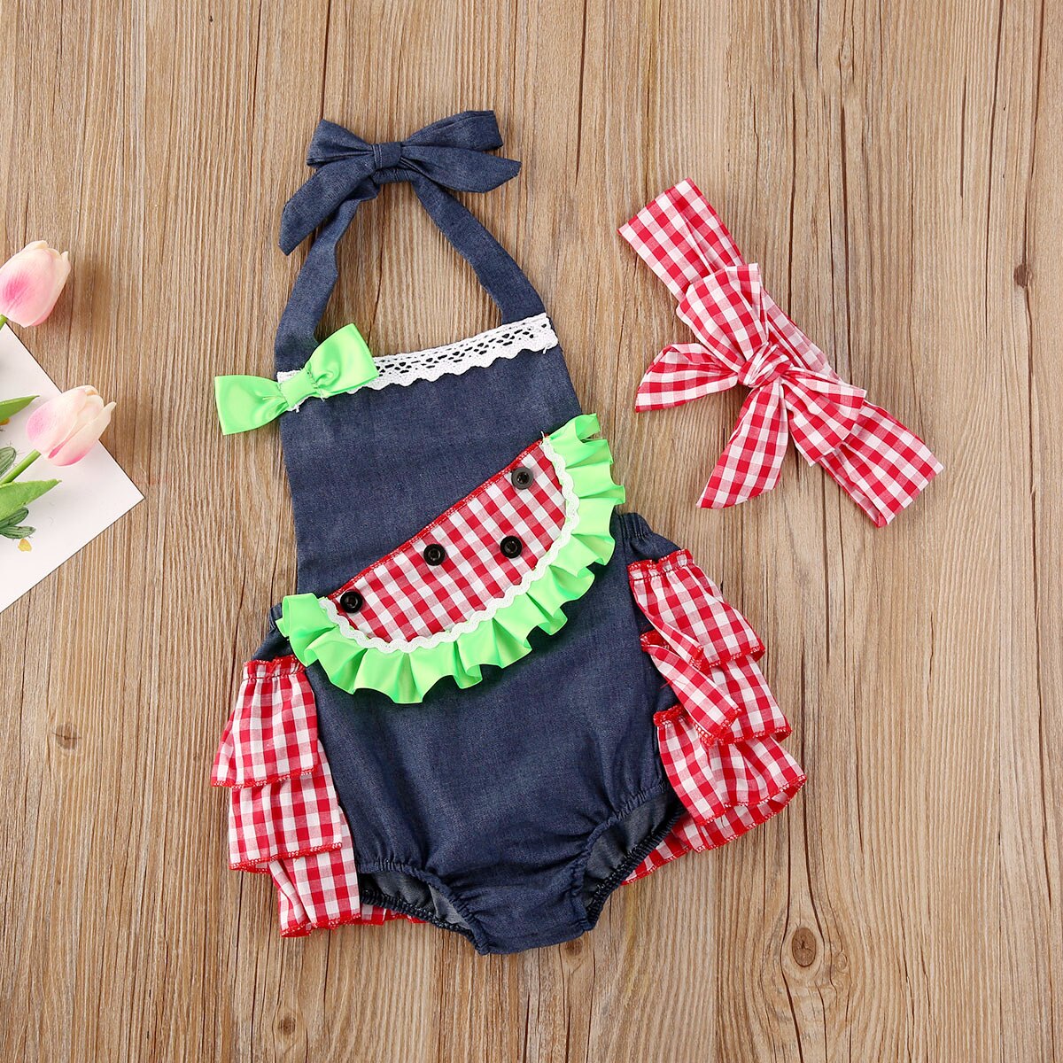 0-18m zomerse schattige babymeisjes-jongens bodysuits watermeloen geruite print mouwloze ruches jumpsuits hoofdband 2 stuks