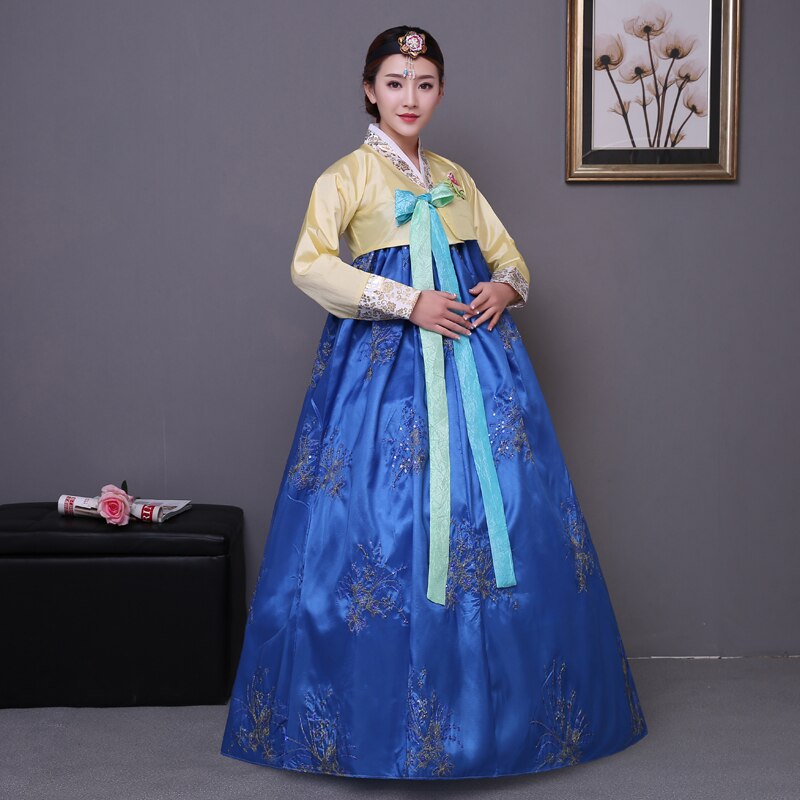 Costume traditionnel coréen hanbok à paillettes, costume de palais coréen pour femme, robe hanbok, vêtements de danse nationale pour spectacle sur scène 89: blue / XL