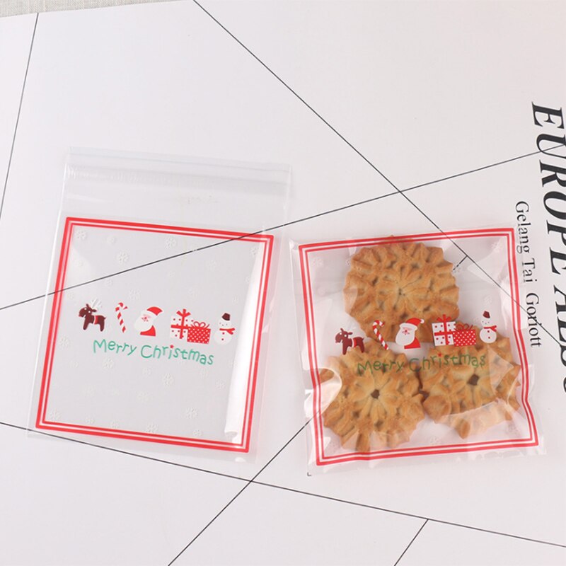 100Pcs Xmas Self-adhesive Cookie Packaging Plastic Bags Christmas Cellophane Party Bags Candy Bag Festival Party Favor