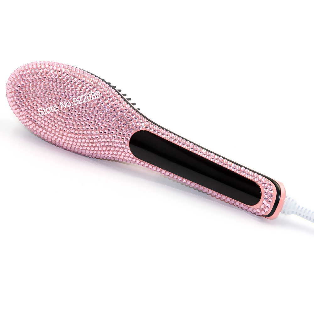 Pink Crystal Brush Hair Straightener Comb Irons With LCD Display Electric Straight Hair Comb Straightening