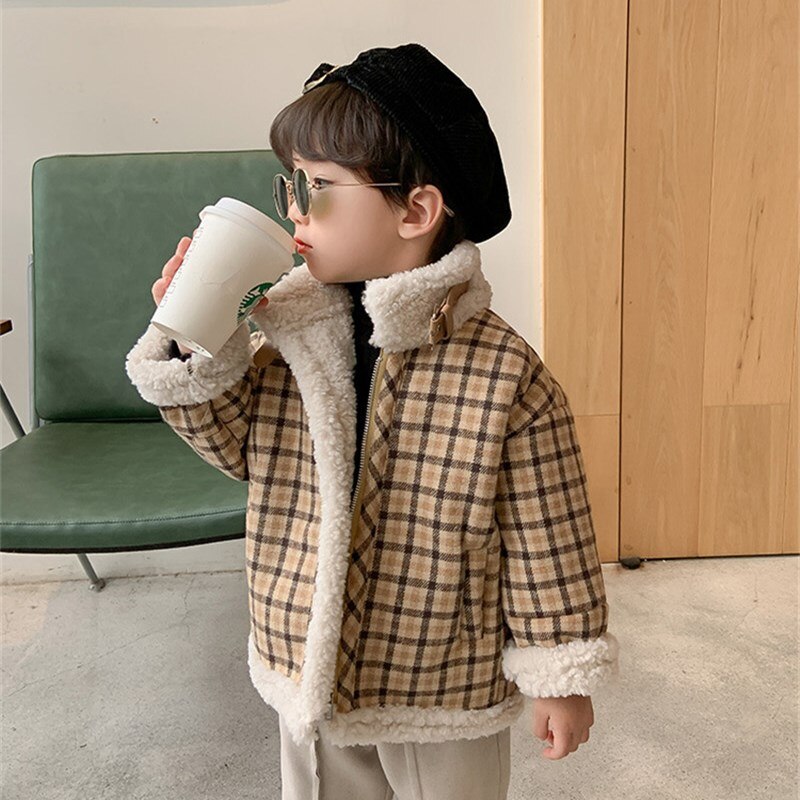 Vinter baby barn tjocka rutiga ullrock pojkar flickor fleece foder casual jatcket koreansk stil: 3t