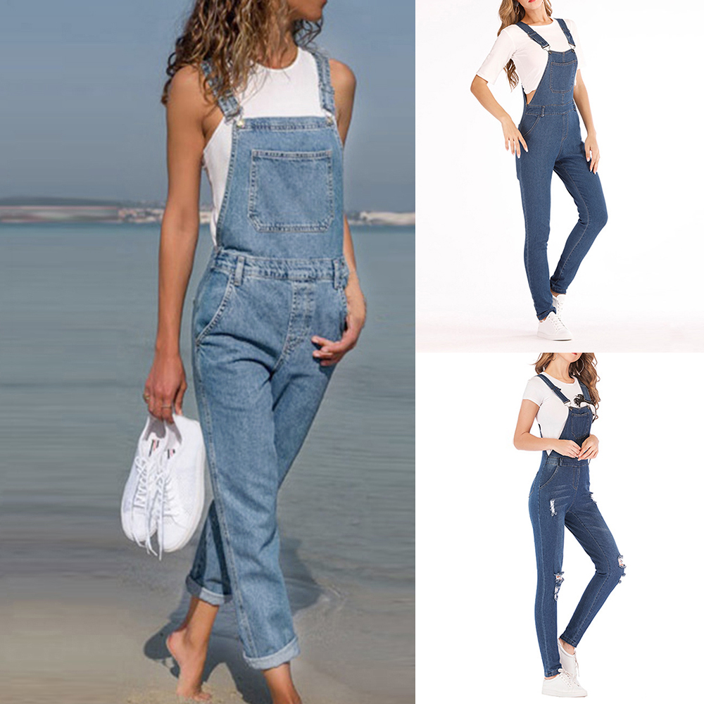 Dame blå denim overalls jumpsuit rompers bæltehul hul lomme til kvinder afslappede kvindelige bukser