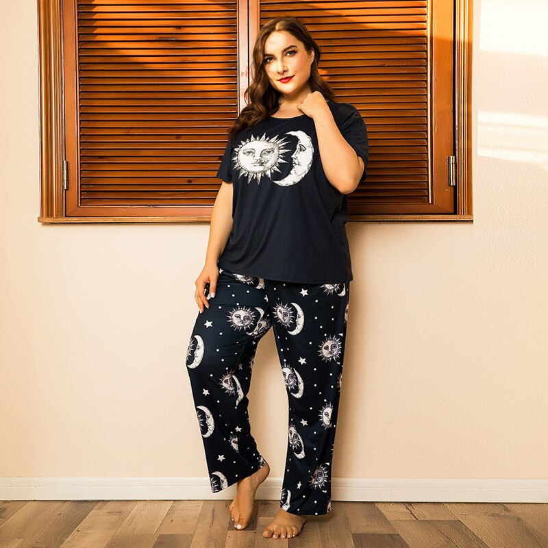 4xl plus tamanho 2 pcs feminino verão agradável pijama define sun moon impressão de manga curta pijamas macios pijamas outono pijamas homewear
