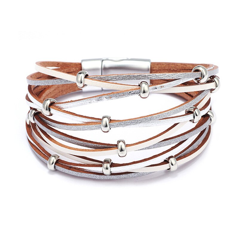 Feminino mão acessórios 10 multi camada vento pulseira de couro ampla envoltório pulseira femme ímã fivela jóias presente 2020: white