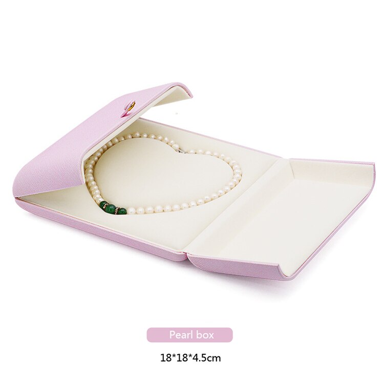 Pink Leather Snap Button Double-Sided Opening Jewelry Packaging Box Proposal Double Ring Box Pearl Necklace Collection Box: Pearl box