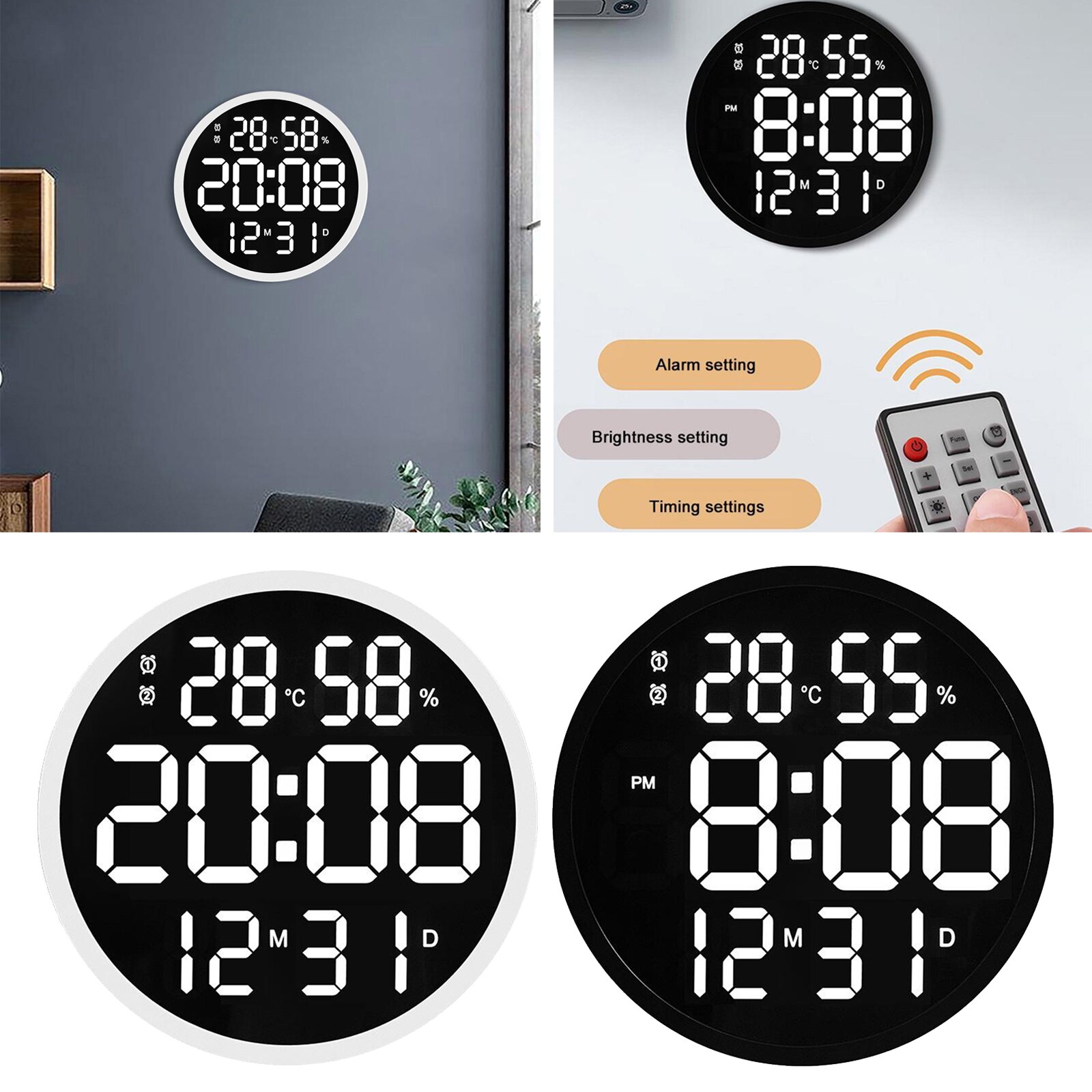 12'' Large LED Wall Clock Temperature Humidity Timekeeping Alarm Clocks