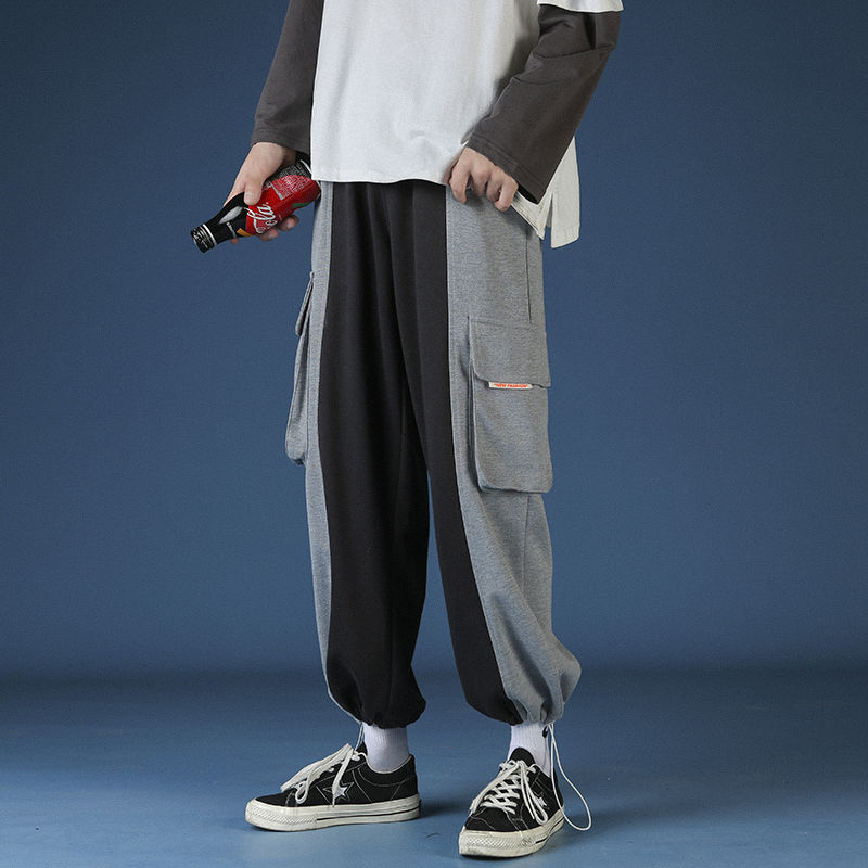 2020 Tendência Da Moda Dos Homens do Estilo coreano Costura Calça Casual Masculino Streetwear Calças Corredores Moletom Solta Cor Preta M-2XL: M / black