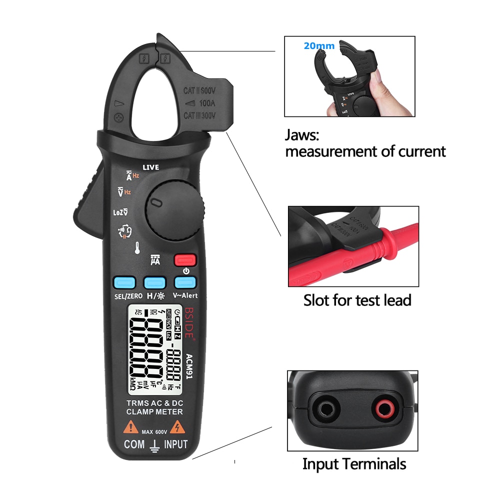 Bside ACM91 AC DC Clamp Meter True RMS Digital Clamp Amperemeter 6000 Zählt Auto Range Multimeter Mit Temperatur Kapazität NCV