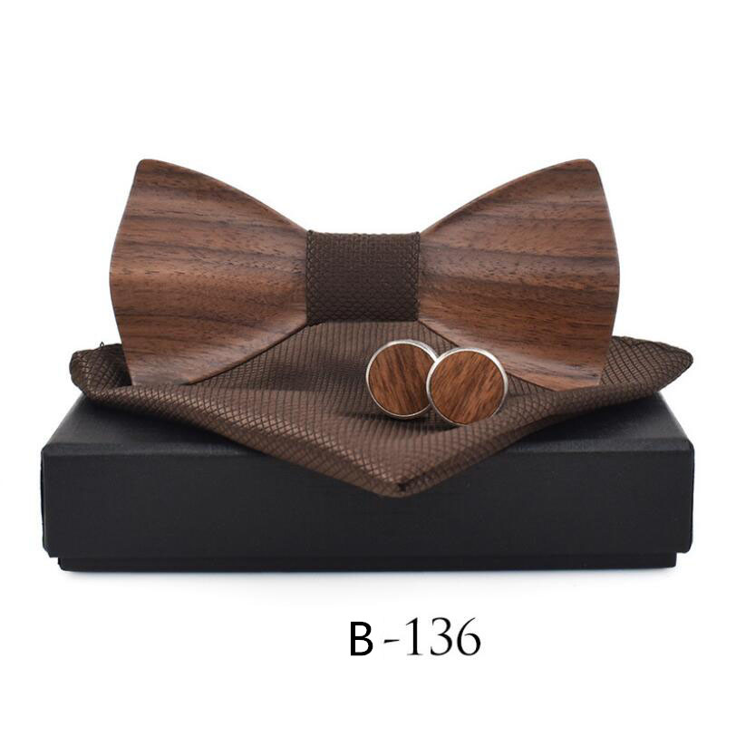 RBOCOTT pajarita de madera hecha a mano juego de gemelos y pañuelo pajarita 3D para hombres bolsillo de madera cuadrado con caja de para la boda de los hombres: B136