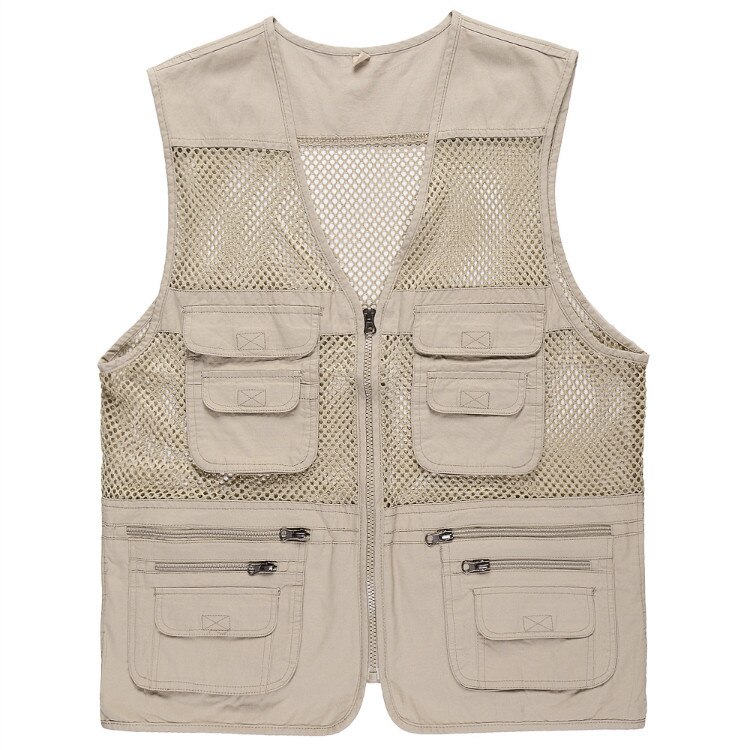 Plus size casual vest heren ademend katoenen vliegvisvest buitensporten zakken vest bergbeklimmen fotografie vesten: Beige / 4xl