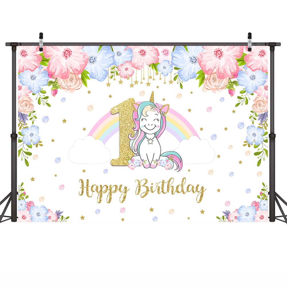 Birthday Photography Backdrop - Unicorn Theme Rainbow Glitter Stars Flower Cake Table Banner