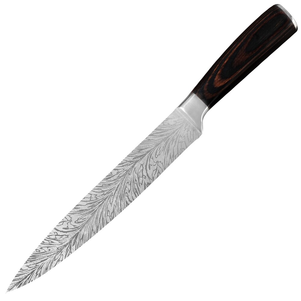 Damask fjermønster rustfrit stål køkkenknive efterligning damaskus klinge køkkenkniv 7 cr 17 kokknive sæt træhåndtag: 8 tommer udskæring