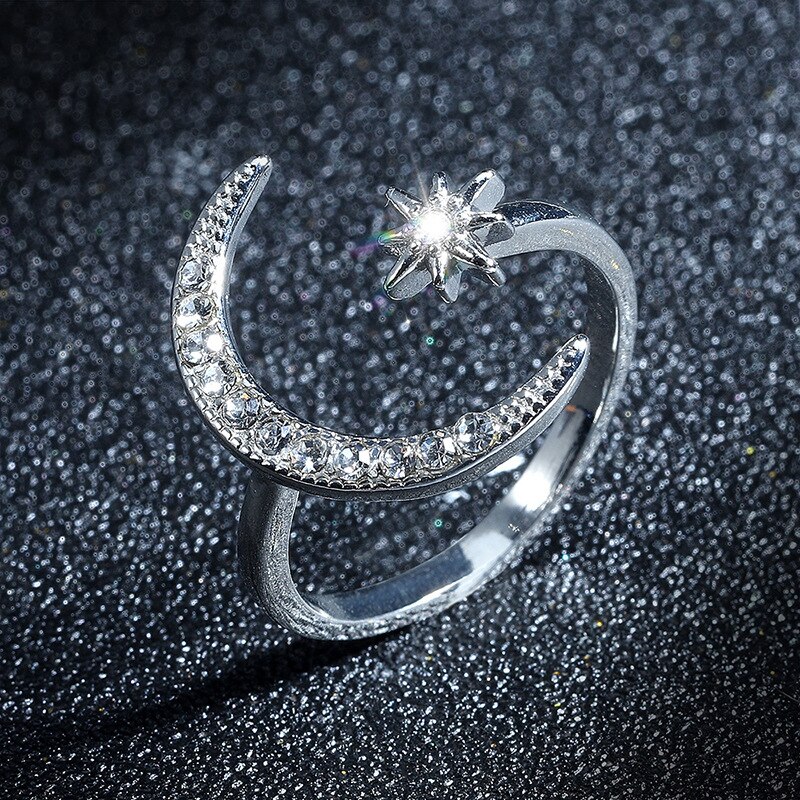Fingerring sølv farve guld stjerne måne ringe til kvinder bryllupsfest smykker skinne krystal metal blomst åbning anillo: Sølv