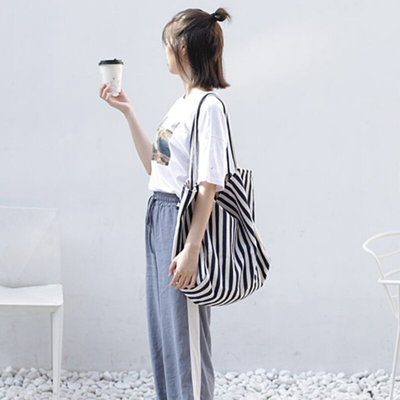 Mulheres listrado lona bolsa verão praia clássico tecido macio grande bolsa feminina casual tira fina azul
