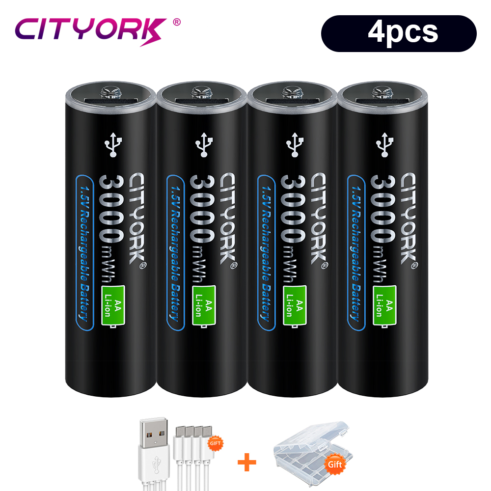 100 % Kapazität, 1,5 V AA-Li-Ionen-Akku, 3000 mWh, AA-USB, wiederaufladbarer AA-Lithium-Akku, AA-Li-Polymer-Akkus mit USB-Kabel: Black