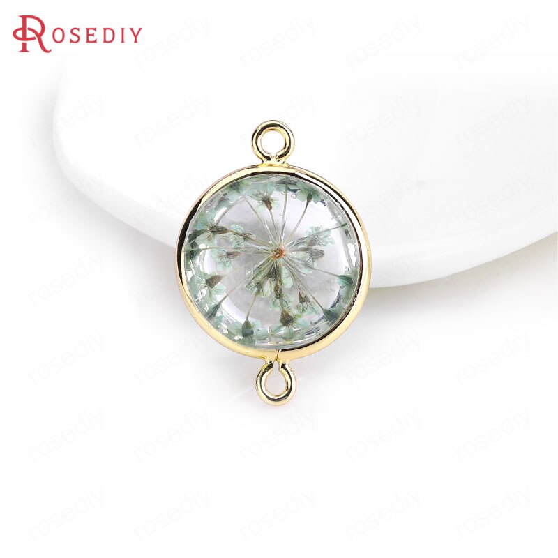 (C828)6 pieces 14x20mm 24K Gold Color Brass and Glass 2 Holes + Dried Flower Round Connect Charms Pendants Diy Jewelry Findings: 35618