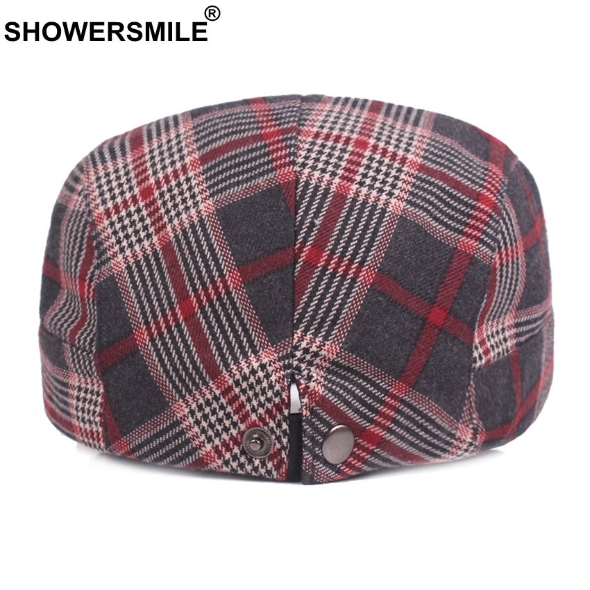 Showersmile röd rutig baskerhattar för män kvinnor rutiga platta kepsar bomullsbasker manlig klassisk brittisk stil vintage justerbara hattar