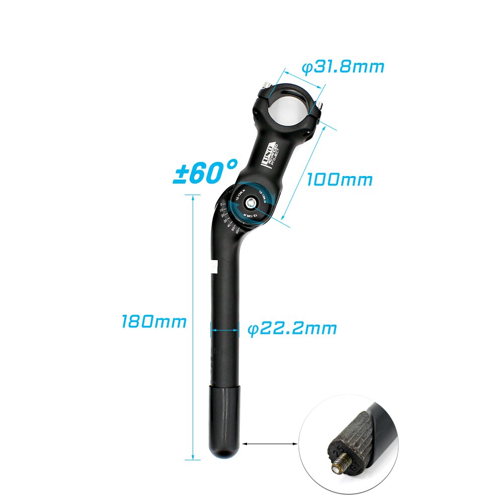 UNO Adjustable 60 Degree Bicycle Stem 31.8 Handlebar Stem Riser Front Fork Stem Aluminum Alloy With Quill 180mm Stems Adjustable: 31.8x100mm 22.2quill