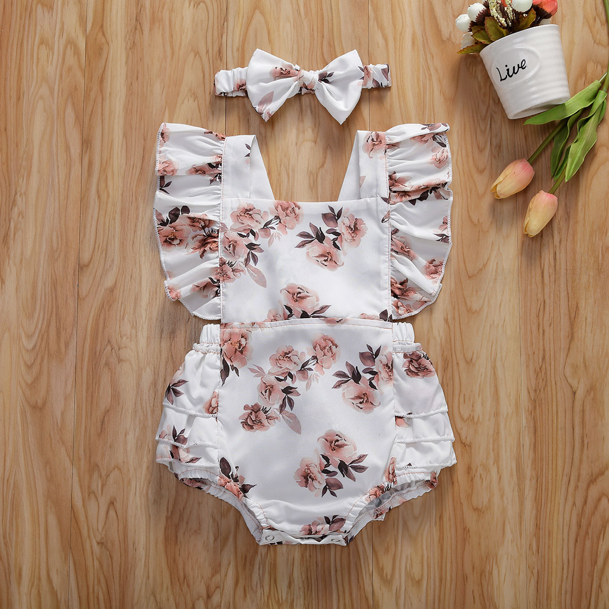 0-24M Zomer Peuter Kids Baby Meisjes Jongens Bodysuits Bloemen Print Ruches Korte Mouw Jumpsuits Hoofdband 2 Stuks