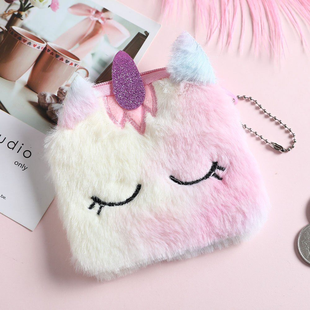 Cartoon Plush Unicorn Coin Purse Cute Cat Fur Circle Wallet Girl Clutch Embroidered Bag Key Earphone Organizer Pouch Kids: Pink