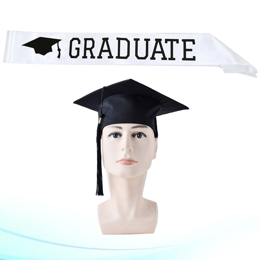 2pcs in 1 Set Graduate Hat and Letter Printing Sash Set Decoration Graduation Hat Etiquette Belt Set Graduation Party Dress Up