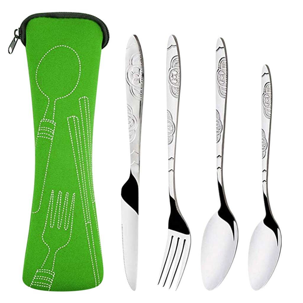Cuchillos de acero inoxidable con forma de tenedor, cuchara para viajes en familia, Cubiertos para acampar, vajilla portátil para exteriores, Cubiertos de acero inoxidable: Verde