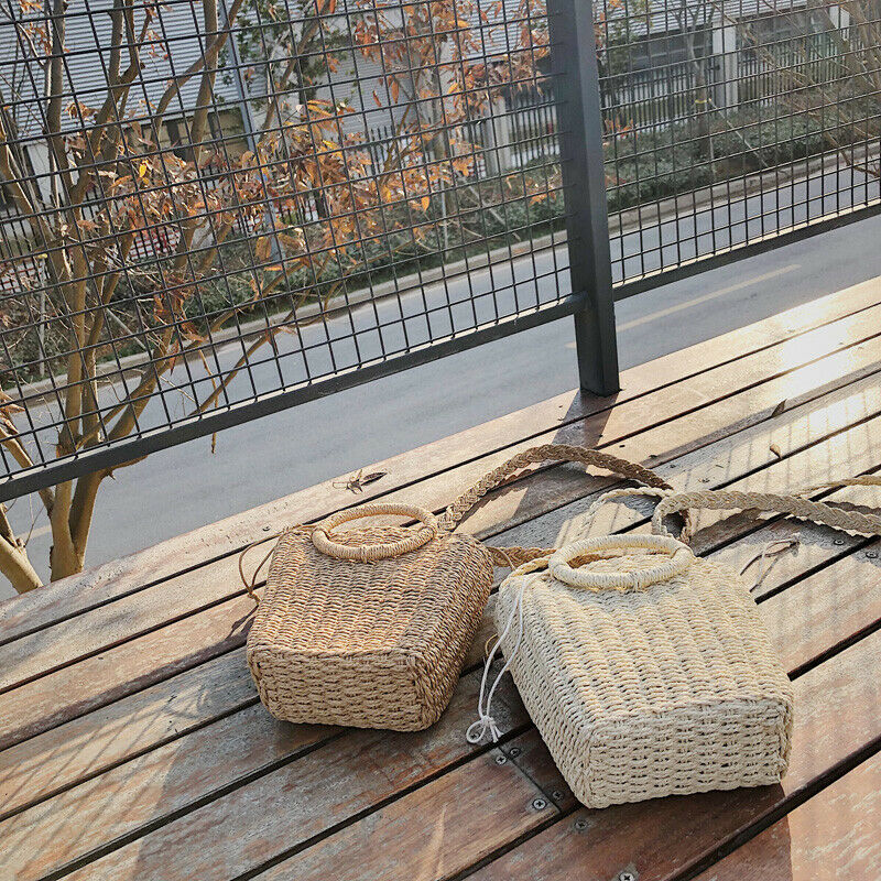 Vintage Women Hand-Woven Rattan Bag Straw Purse Wicker Crossbody Ladies Beach Tote Casual Bag